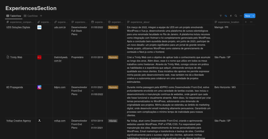 Tabela ExperiencesSection no https://notion.so